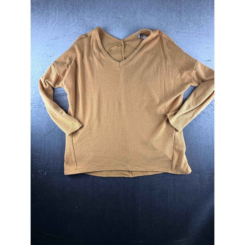HoneyMe Curvy Womens XL Mustard Yellow Waffle Knit V-Neck Thermal Top LS